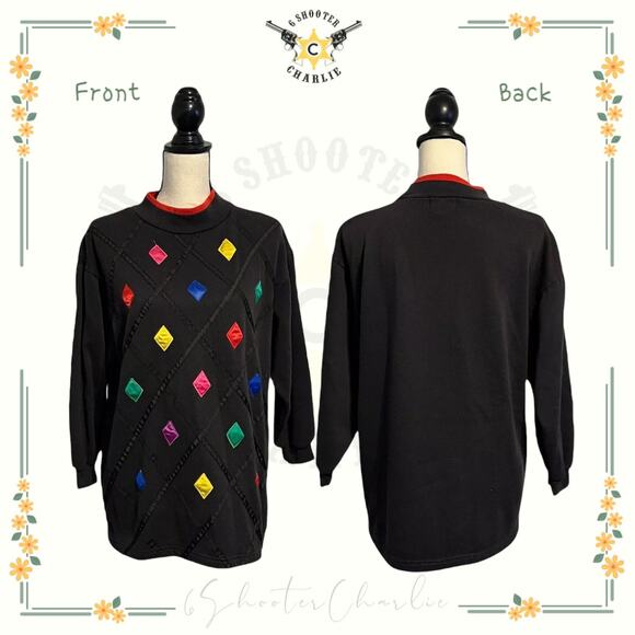 VTG CHANCE ENCOUNTERS Black Pull Over Sweater Bright Multicolor Diamonds Medium - Picture 1 of 6